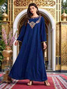 Al Najma 女式宽松圆领长袖阿拉伯风格休闲连衣裙，带装饰