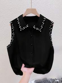 SHEIN LUNE Camicia a maniche corte con collo alla coreana e applicazioni di perle, adatta a donne taglia forte