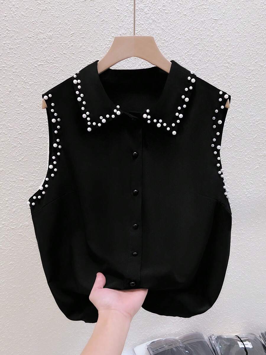 SHEIN LUNE Camicia a maniche corte con collo alla coreana e applicazioni di perle, adatta a donne taglia forte