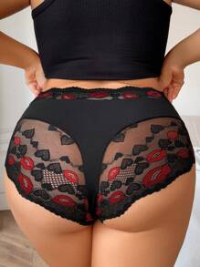 Plus Size Sexy Lace Patchwork Comfortable Panty - Black - View 6