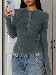 SHEIN EZwear Vintage Grey Knit Fitted Women T-Shirt