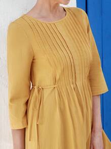 EMERY ROSE Vestido de manga larga con cuello redondo de largo hasta el tobillo casual para mujer, con un diseño frontal artesanal, adecuado para primavera y verano, ajuste suelto