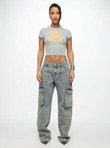SUMWON WOMEN Áo crop top trẻ em phong cách đường phố cổ điển Beverly Hills 90210 Y2K Fashion Los Angeles County Áo thun ngắn tay mùa hè thường ngày - Xám - Xem 6
