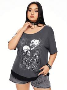 ROMWE Plus Size Women's Loose Fit Oblique Shoulder 2 In 1 Skull & Text Print Gothic Style T-Shirt - Grey - View 9