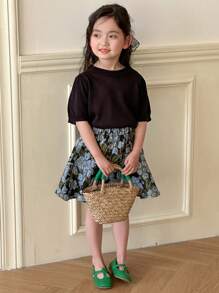 DAZY Set de 2 piezas con blusa de cuello redondo de manga corta y minifalda lisa para niñas, conjunto de ropa de verano para niñas - Negro - Ver 5