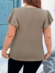 Flirla Plus Size Jednolita Kolor Prosta Bluzka z Dekoltem w Serek i Falbanką Zapinana Na Guziki - Brudny różowy - Zobacz 2