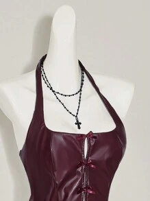 SHEIN ICON 女士纯色勃艮第红色蝴蝶结装饰时尚 PU 皮革挂脖吊带背心