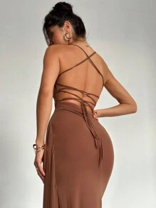 Firerie 女士优雅浪漫时尚通勤性感优雅风格连衣裙，适合派对、度假、返校、浪漫约会和婚礼生日、派对礼服、深 V 领露背系带褶皱连衣裙 - 咖啡棕 - 查看 4