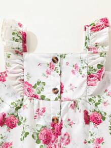 SHEIN Playful Pals 女嬰花卉印花荷葉領無袖連身褲，適合春夏季外出、度假與日常穿著，秋季適用 - 杏色 - 查看 7
