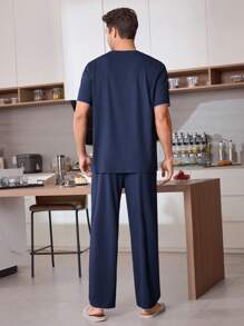 CoupledUp 1 Set Men Solid Color Casual Round Neck Open Front Single Pocket Short Sleeve Pants Pajamas - Navy Blue - View 3
