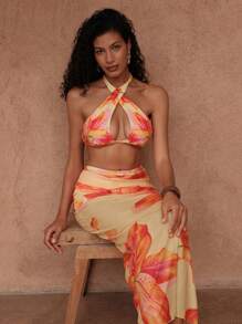 Swim Oasis Conjunto de 3 piezas de traje de baño para mujeres: Top de cuello halter cruzado con estampado, Bottom de natación de cintura alta, vestido largo de playa con estampado floral