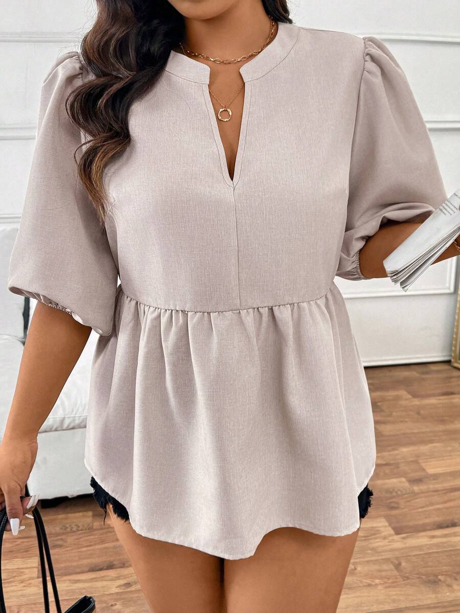 SHEIN Frenchy Top femme grande taille de couleur unie pour le printemps, petit col en V smock pull-over blouse - Nude - Voir 1