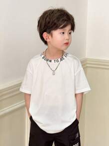 SHEIN 1 chiếc áo thun họa tiết chữ Unisex cỡ lớn thoải mái cho trẻ em, thiết kế đơn giản đa năng thích hợp cho mùa xuân/hè, trang phục thường ngày, thể thao, đi chơi, đi học, tụ tập, ngày lễ, chụp ảnh, mùa tựu trường - trắng - Xem 4