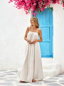 Vivid Eden Vestido largo de verano de lino informal con nudo delantero en unicolor - Albaricoque - Ver 5