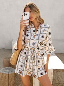 Vivid Eden 女式正面纽扣全印花正面系带休闲连身裤 - 黑與白 - 查看 7