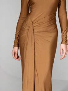 Glamine Hoher Kragen, Langarm, seitlich plissierte Volants am Vorderteil, Rüschen am Rücken, Reißverschluss hinten, schlanke Maxikleid aus Strick für alle Jahreszeiten, sexy elegante Abendkleider für besondere Anlässe, gestrickte Kleider, elegante Damenkleider