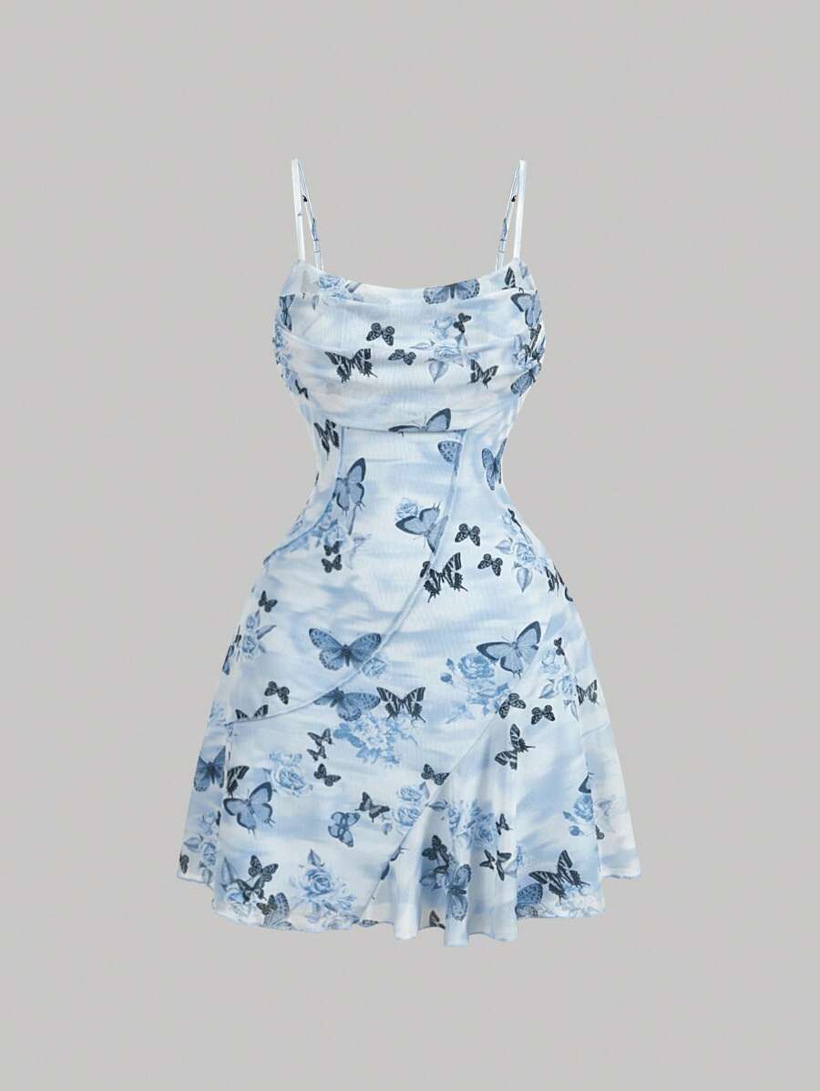 SHEIN MOD 蓝色复古蝴蝶印花不对称下摆夏季吊带连衣裙 - 藍色 - 查看 1