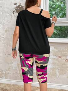 SHEIN LUNE Plus Size Camouflage Print Slogan Cutout Shoulder Camisole Top And Skinny Leggings Set, 2pcs - Hot Pink - View 2
