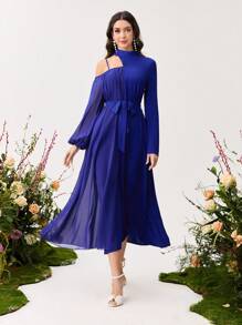 Modelyn Women's Solid Color Stand Collar Long Sleeve Front Tie Simple Casual Dress