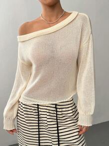 Flirla Women's Solid Color Asymmetric Neckline Long Sleeve Vacation Pullover Sweater Knit Pullover Fall Winter Sweater - Apricot - View 4