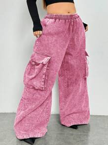 SHEIN ICON Plus Size Wide-Legged Cargo Trousers - Hot Pink - View 1