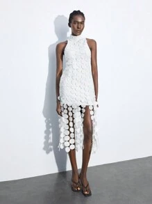 Maija Damska elegancka sukienka w jednolitym kolorze z okrągłym wzorem i dekoracyjną łatką do połowy łydki, jesień/zima