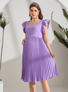 SHEIN Casual Square Neck Ruffle Sleeve Pleated Hem Maternity Dress