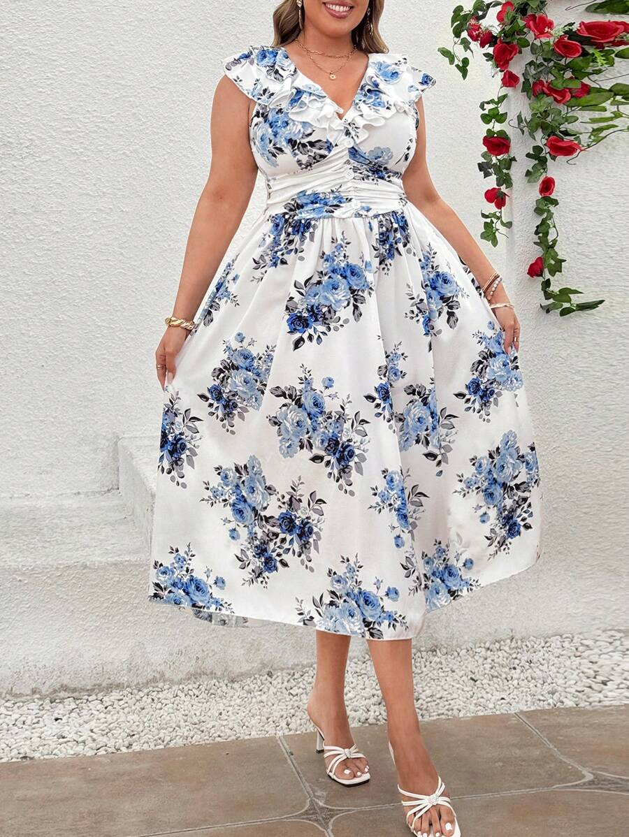 Flirla Vestido de verano talla grande estilo bohemio con escote en V y doble volante en la cintura - Multicolor - Ver 1
