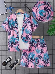 3 件套男童休闲夏季度假风格短袖纽扣衬衫、百慕大短裤和帽子套装 - 粉色 - 查看 6