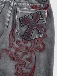 ROMWE Grunge Punk Embroidered Cross Design Denim Shorts - Light Grey - View 2