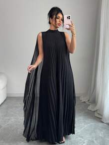 Elenzga Vintage Pleated Shawl Collar Dress With Flared, For Spring/Summer Vacation - Black - View 3