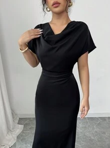 RosyDaze Đầm đuôi cá trễ vai màu trơn thanh lịch & lãng mạn, cổ xếp nếp, thắt eo cho nữ, đầu mùa xuân - màu đen - Xem 6