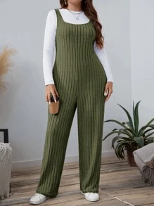 SHEIN LUNE Plus Size Women Solid Color Ribbed Jumpsuit, Autumn Holiday Outfit