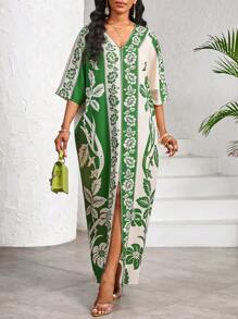 SHEIN Lady Women's V-Neck Short Sleeve Floral Print Patchwork Simple Ultra Long Dress - Green - View 3