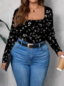 SHEIN LUNE Áo thun nữ cỡ lớn in họa tiết hoa nhí, dáng rộng, cổ vuông, thích hợp mặc mùa xuân, hè và thu. - Nhiều màu - Xem 5