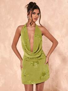 SHEIN BAE Vestido deslizante sexy con escote pronunciado y bordado floral para mujer, ideal para playa, vacaciones, resort y primavera