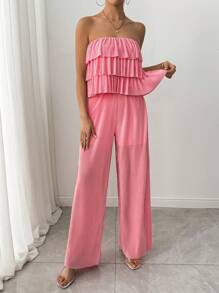 SHEIN Clasi 2pcs/Set Women Solid Color Multi-Layer Ruffle Camisole Top And Pants - Pink - View 5