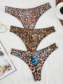 5 Pieces Set Of Women's Low Waist Solid Color Sexy Leopard Print Butterfly Print Thong