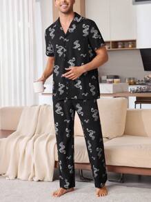 Manfinity Casual Plaid Print Chest Pocket Lapel Collar Top & Pants Men's Pajama Set - Black - View 2