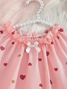 Young Girls' Ruffle Collar Comfy Textured Heart Print Long Sleeve Pajama Set - Pink - View 4