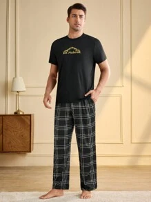 Manfinity Underwear&Sleepwear Basics 2pcs Men's Letter Print Short Sleeve Top And Shorts Pajama Set - Black - View 5