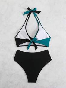 SHEIN Swim 女士夏季海滩度假双色吊带比基尼套装 - 彩色 - 查看 2