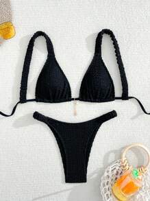SHEIN Tenues de vacances d'été à la plage pour femmes avec un ensemble de bikini triangle à bretelles épaisses en tissu spécial, sexy et