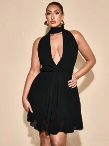 SHEIN BAE 大码女式优雅性感黑色雪纺 V 领露背 A 字迷你连衣裙，适合婚礼、派对、夜间外出