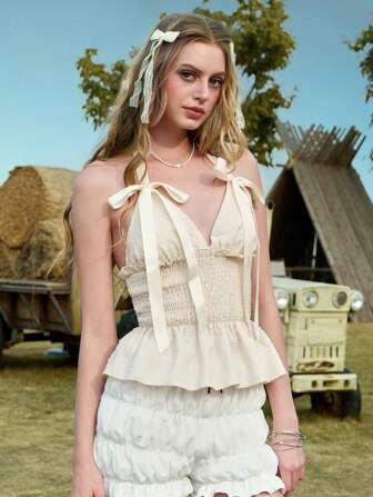 Kawaii Minimalist Sexy Bow Decor Vintage Style Casual Shirred Ruffled Hem Cinched Waist Babydoll Halter Top For Women