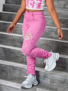 SHEIN Leggings de mezclilla rosa ajustados y rasgados de longitud hasta el tobillo con efecto amontonado, para niñas preadolescentes - Conjunto de ropa para primavera, verano, vacaciones y festivales