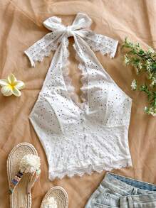 Soleia 女式白色纹理面料蕾丝边露背上衣，修身版型夏季假日 - 白色 - 查看 3