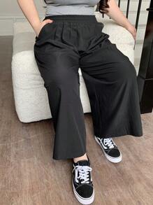 Dazy Plus 加大码弹性腰部纯色阔腿七分裤，商务休闲，四季秋季 - 黑色 - 查看 3