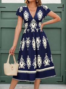 Ellevyn Vacation Outfits Woman,Summer Elegant Women's Short Sleeved Dress With Print V-Neck Cinched Waist And A-Line Back, Suitable For Various Occasions,V-Neck Ruffle Trim Cap Sleeve Drawstring Waist Flounce Hem A-Line Casual Vacation Dress For Women,Boho Dress - Multicolor - View 6
