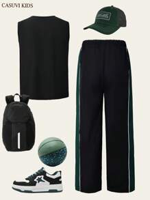 SHEIN Explorewe 2pcs/Set Teenage Boys' Basketball Jersey With Number Print And Casual Sports Pants, Summer New Arrival - Black - View 3